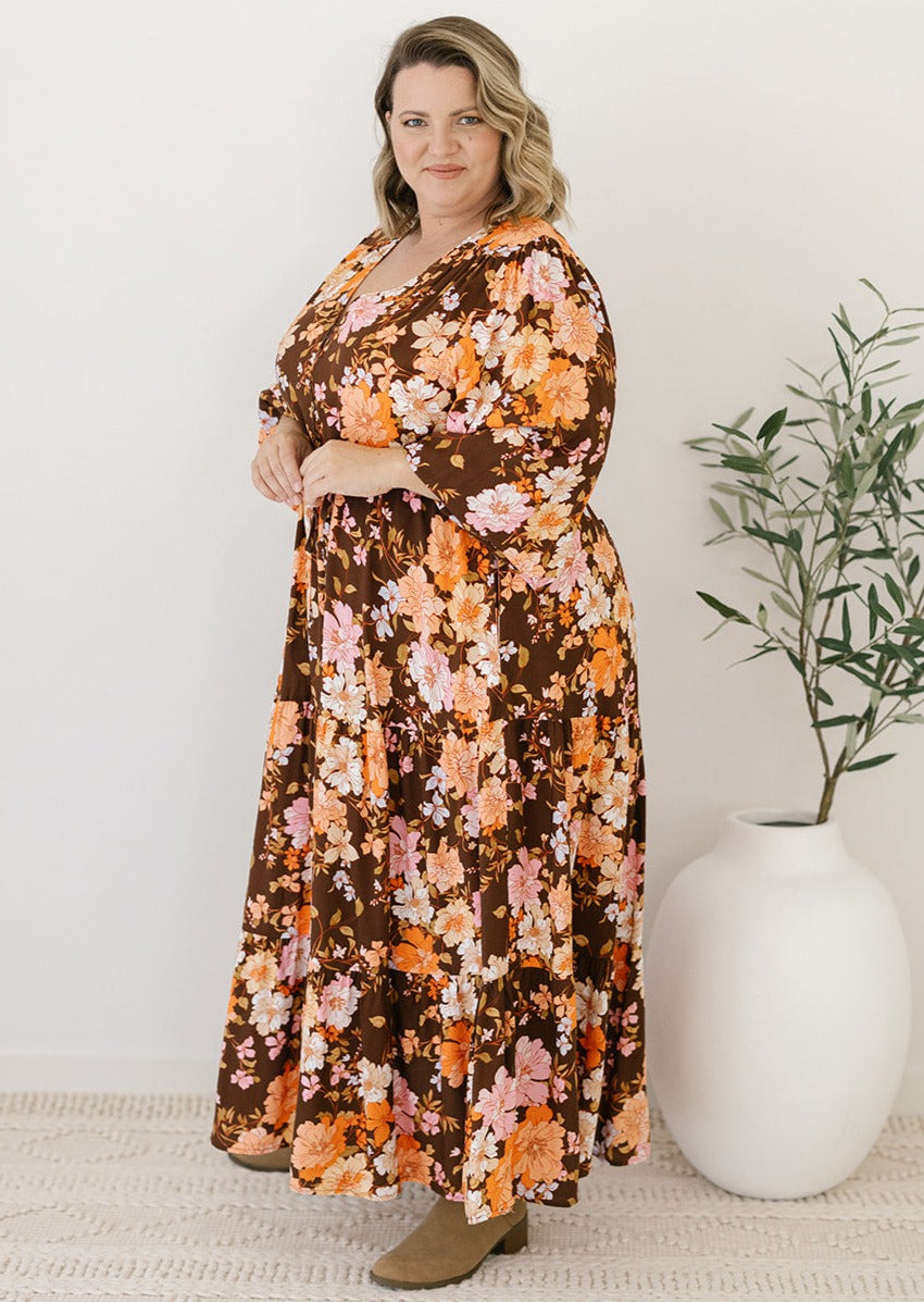 brown autumn floral bump-friendly midi dress with pockets