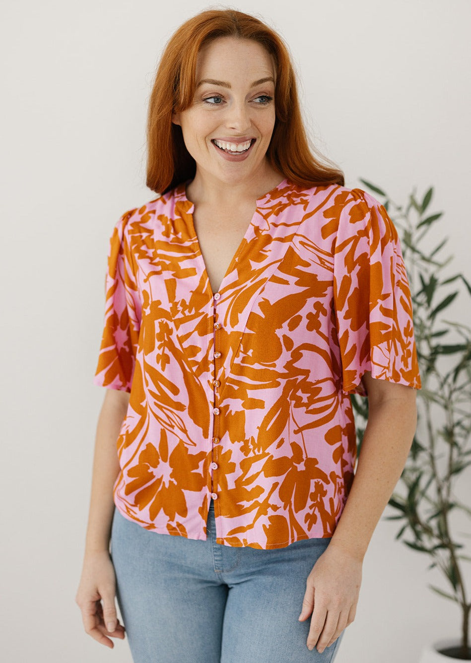 womens v-neck floral button-down blouse