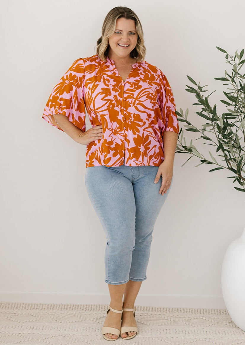 pink and orange floral blouse for women over 40