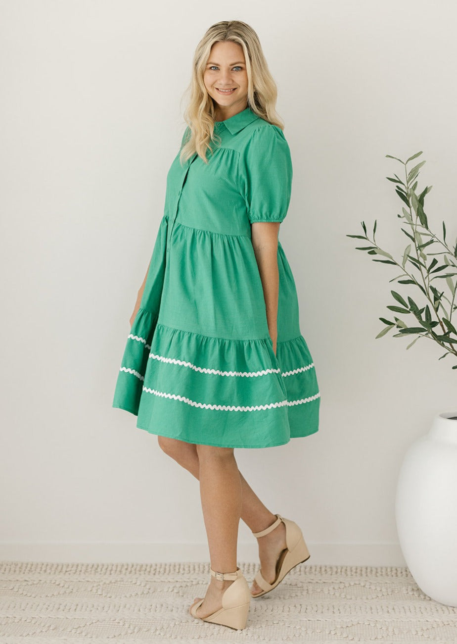 green summer cotton knee-length shirt dress