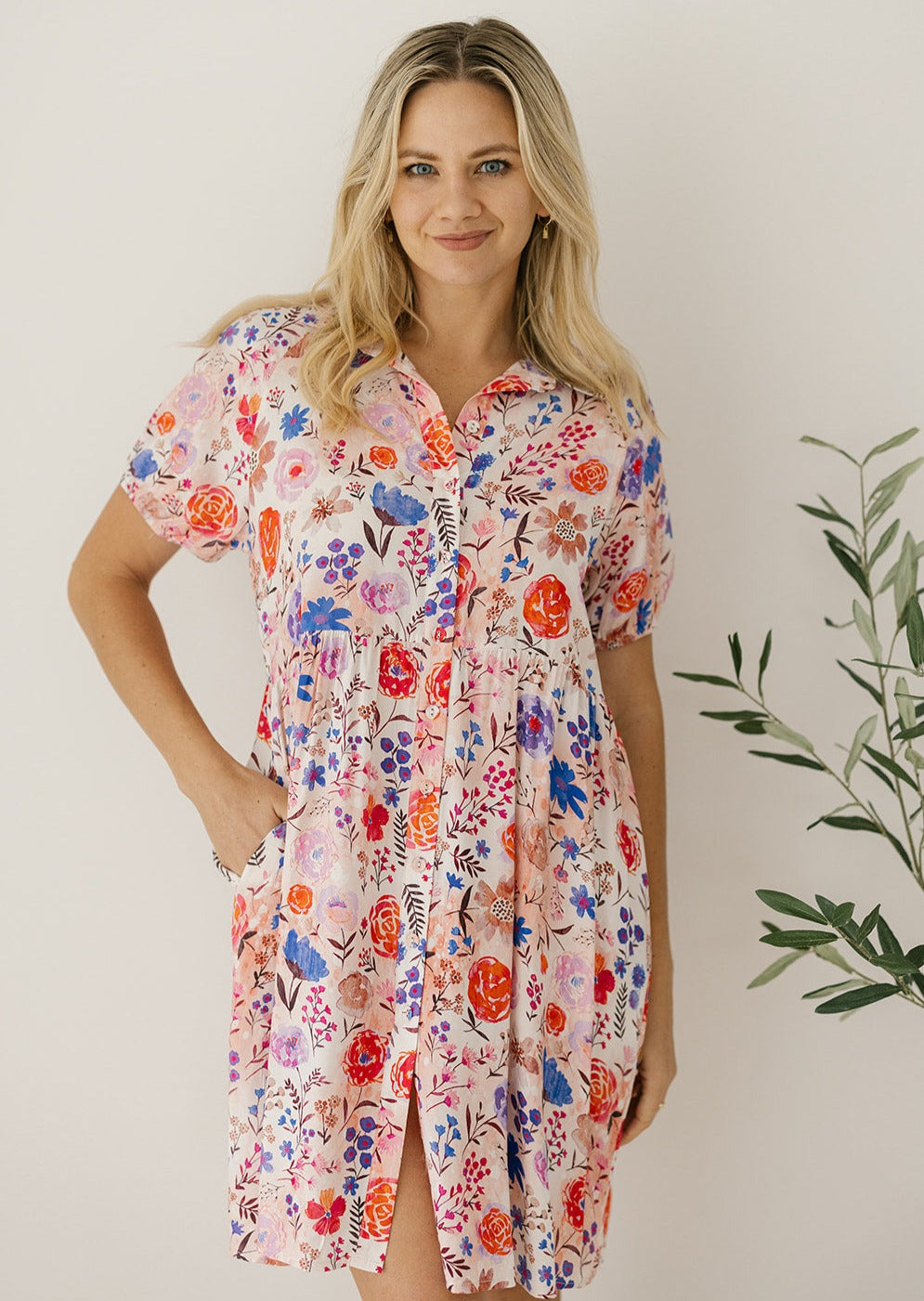 floral knee-length button-down dress for women