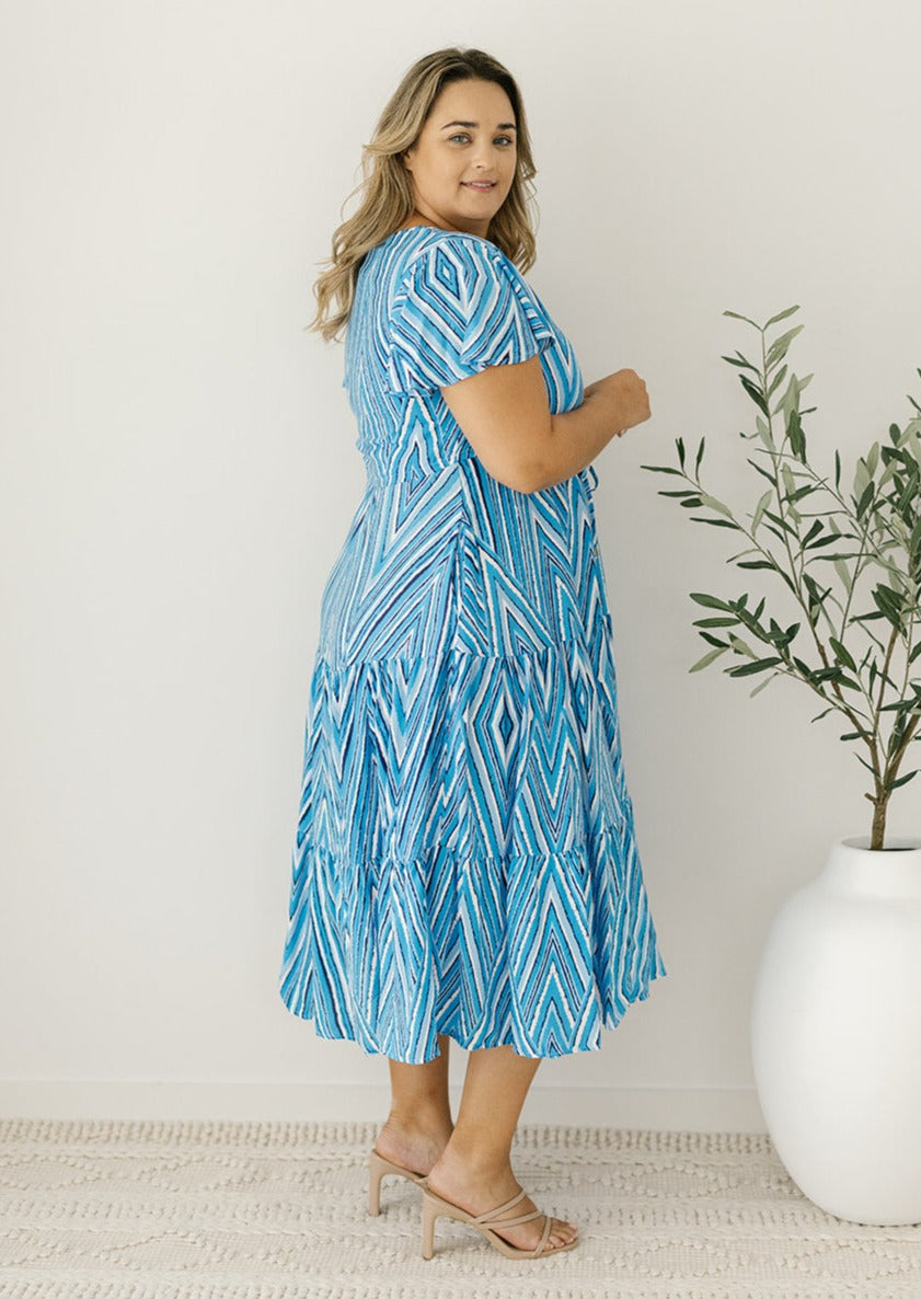blue bump-friendly midi dress with pockets