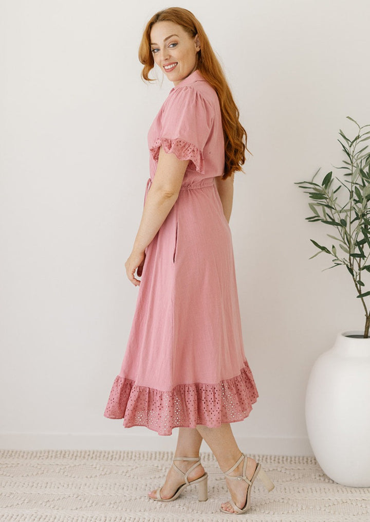 pink cotton midi dress with pockets and embroidery details