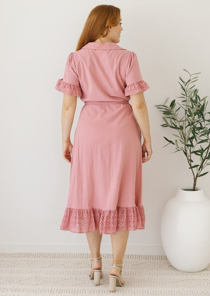 dusty pink cotton midi dress with embroidery detailing and pockets