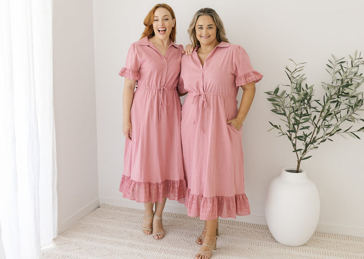 dusty pink midi dress with drawstring waist and pockets