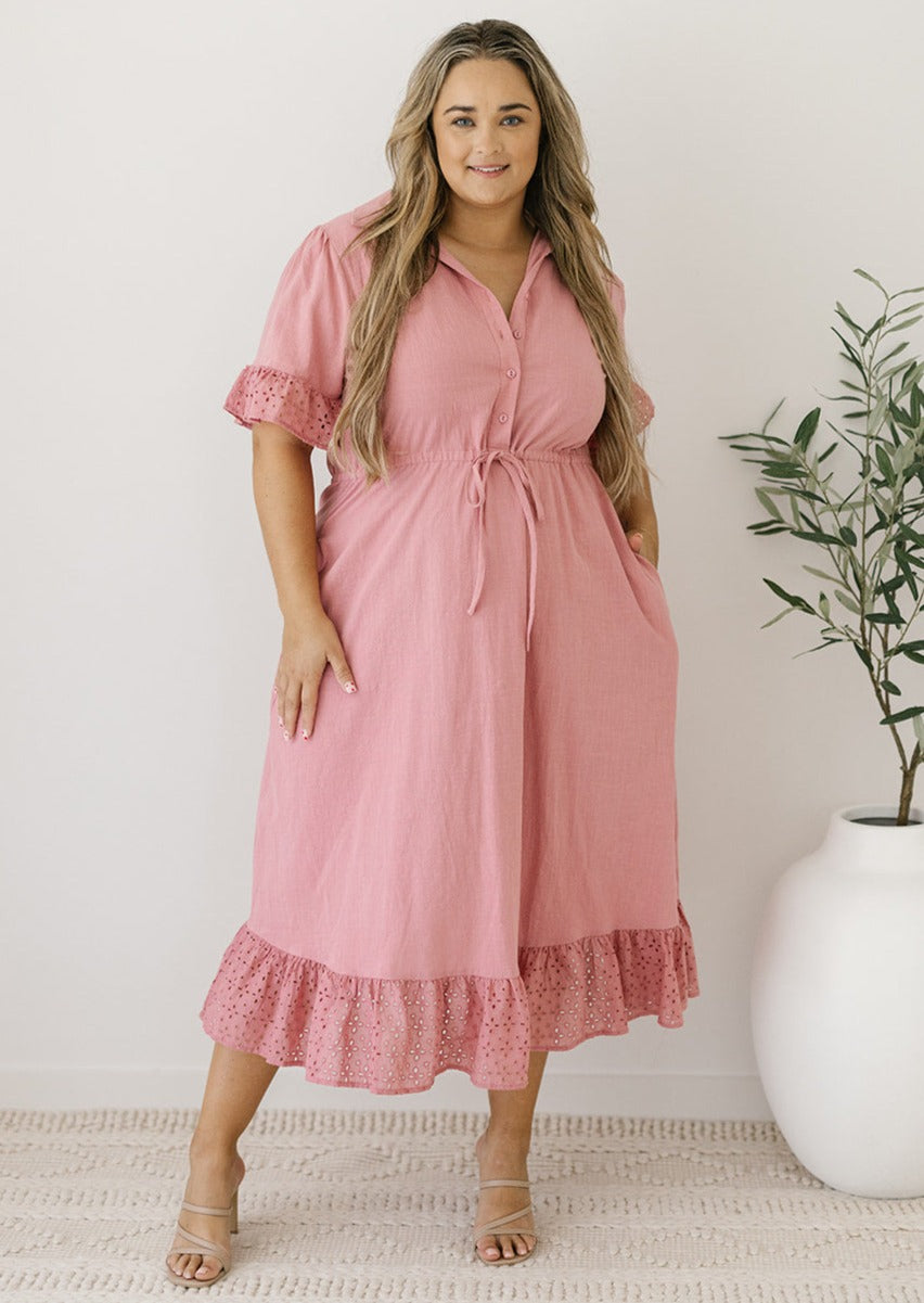 dusty pink cotton button-down midi dress