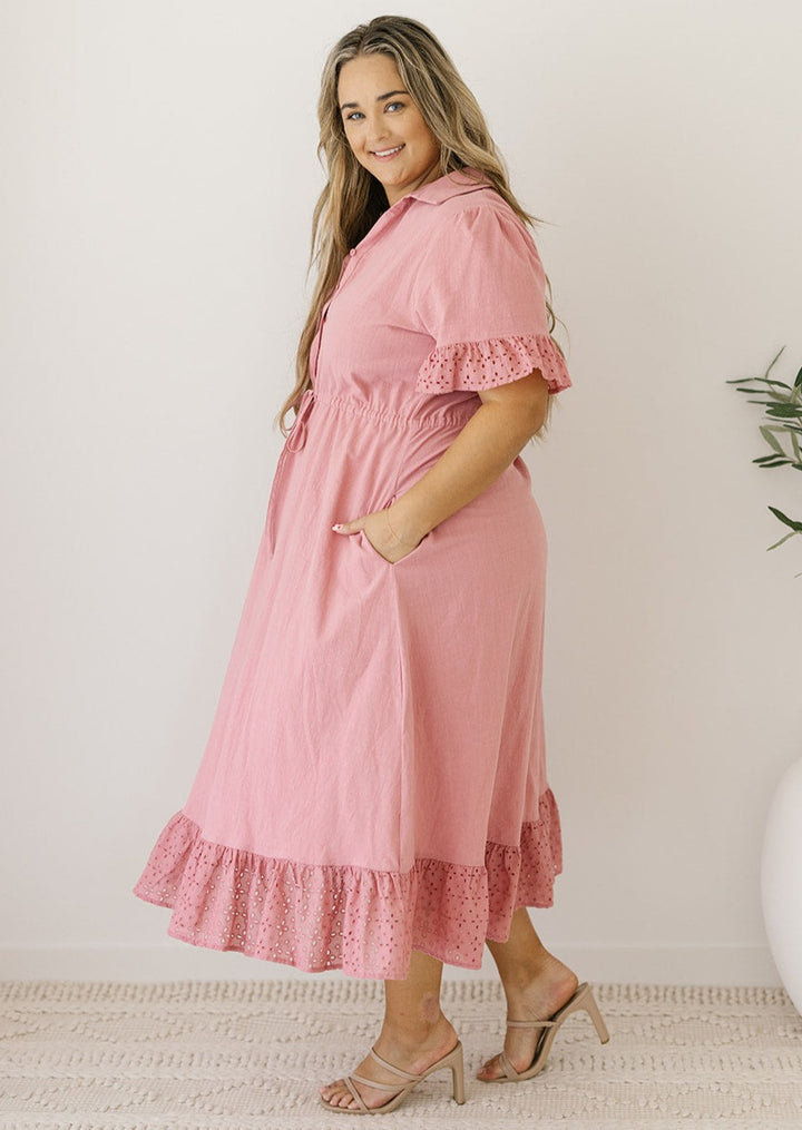 drawstring-waisted pink midi dress with pockets