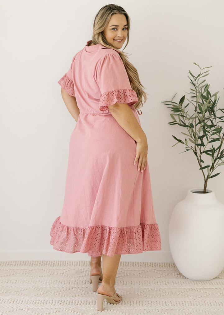 pink cotton drawstring-waisted midi dress with collar and buttons
