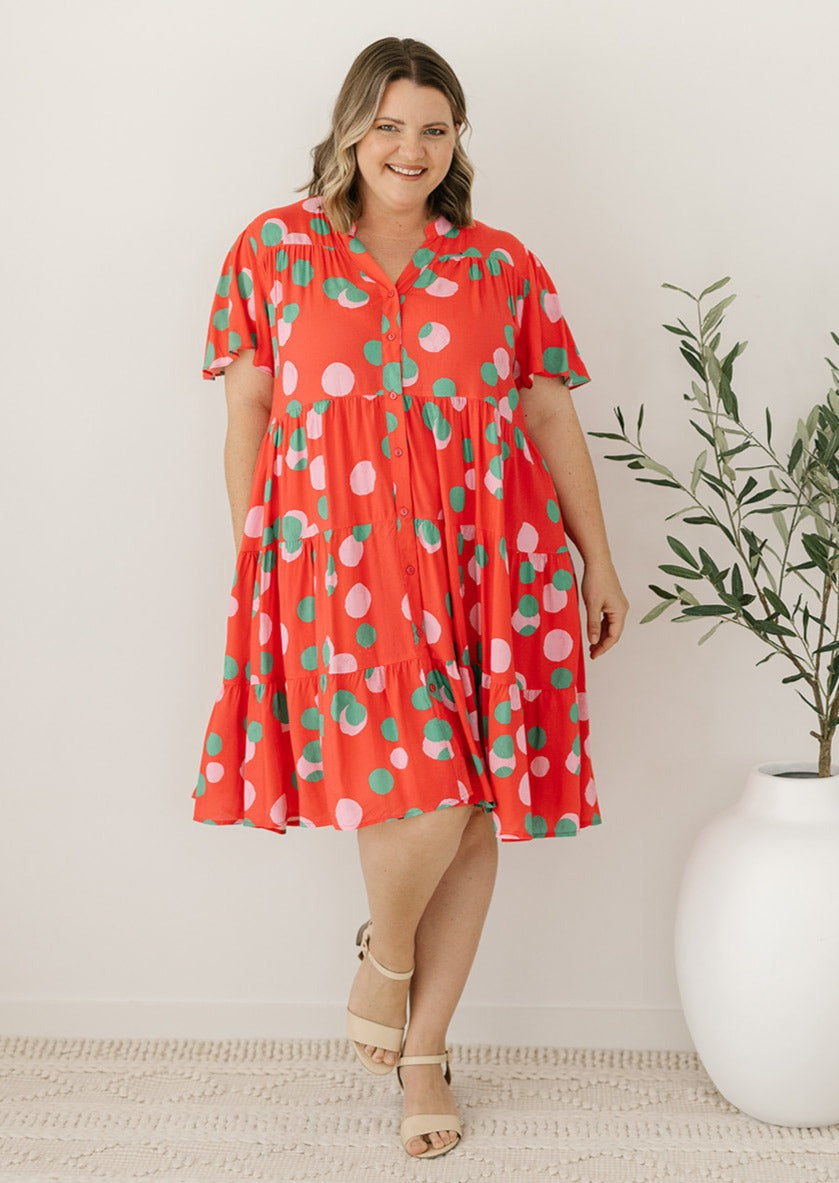 red polka dot summer knee-length dress