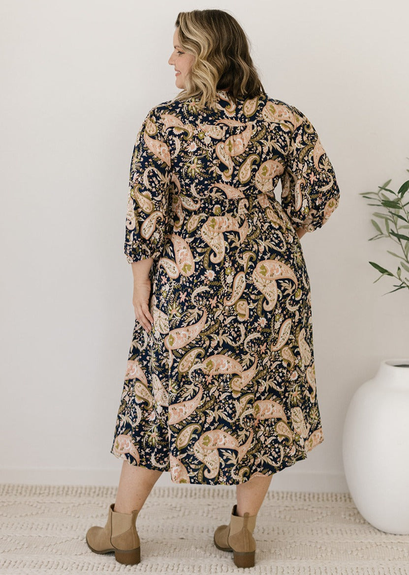 bump-friendly paisley print button-down midi dress with pockets