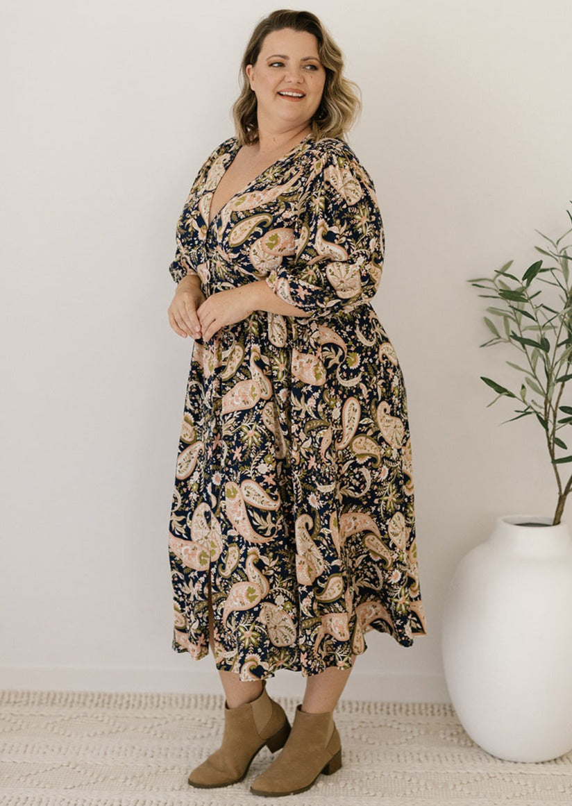 plus-size navy and peach paisley midi dress with under-bust panel