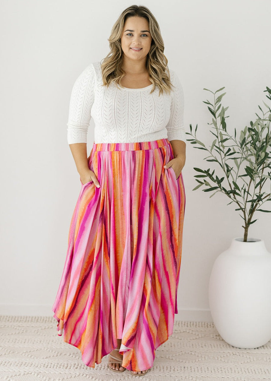 pink and orange long skirt