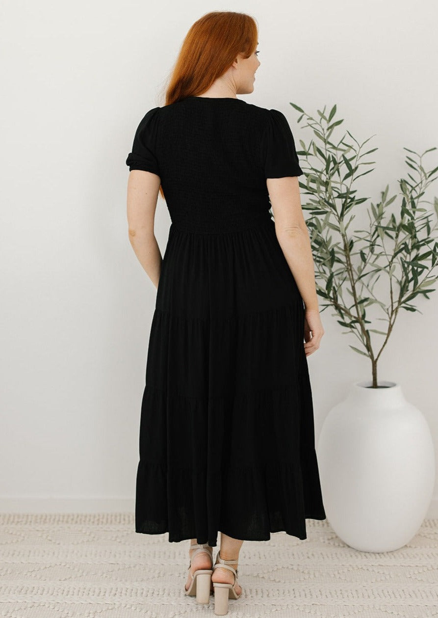 Colette Midi Dress in Black - Plain Flowy Stretchy Black Dress Curvy ...