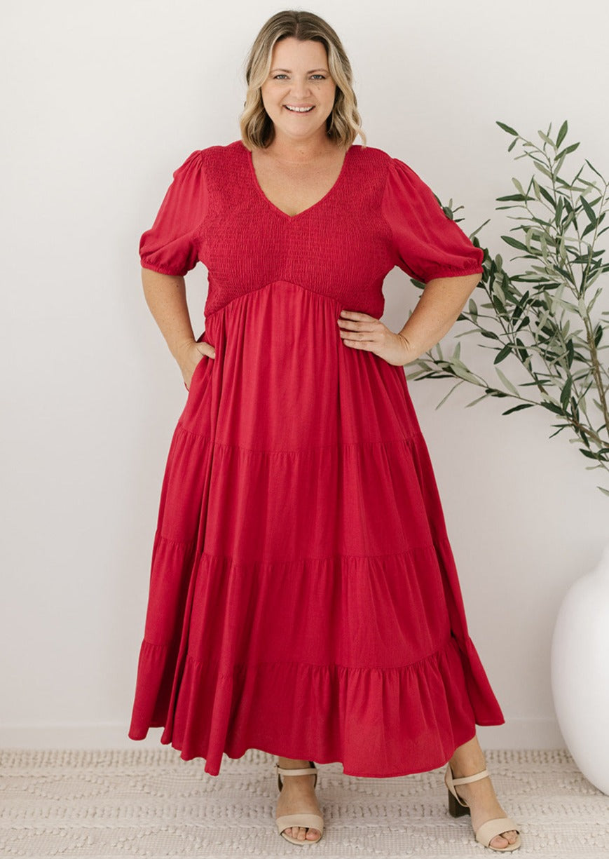 womens v-neck midi dress with sleeves