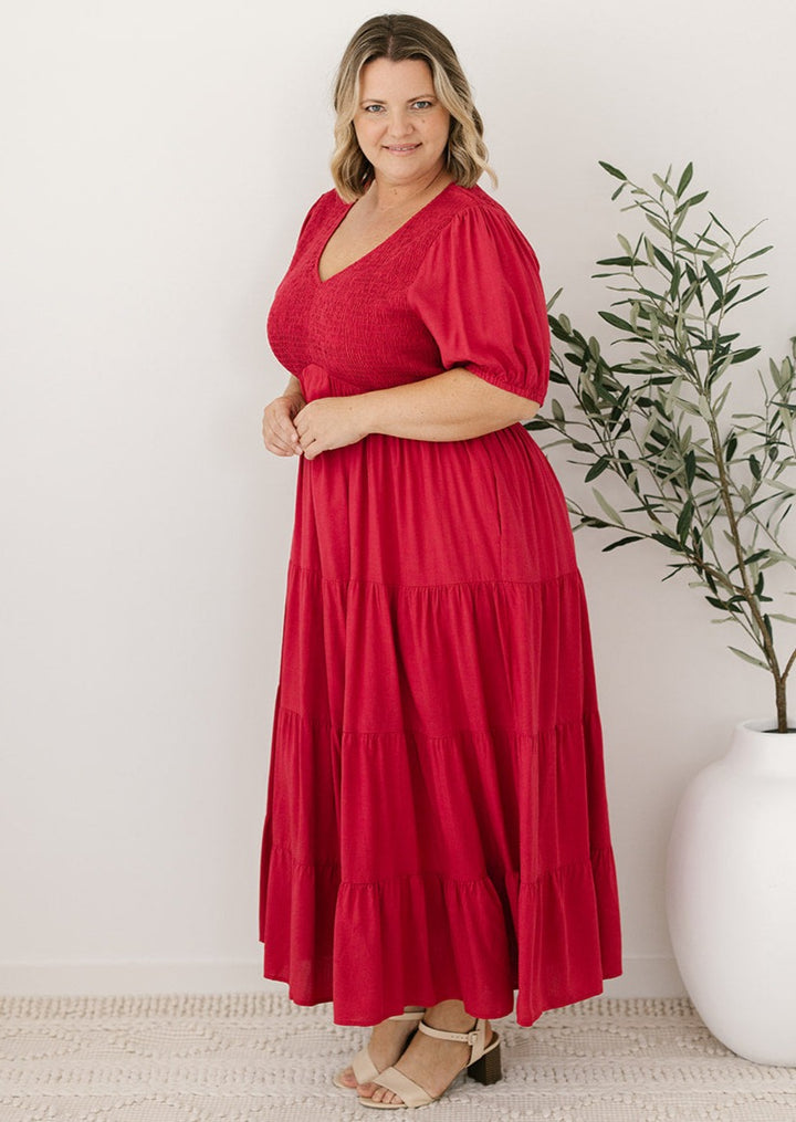 red midi dress with pockets