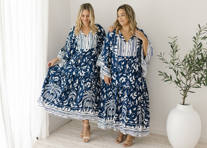 ladies white and navy floral tunic-style maxi dress