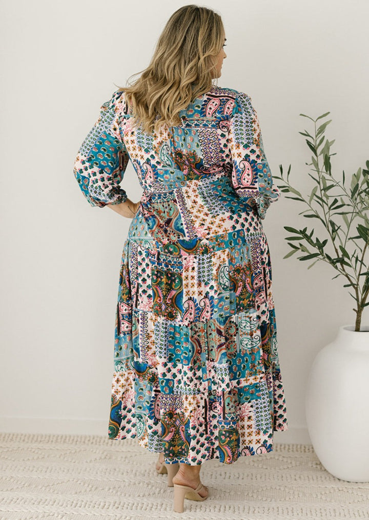 multi-coloured patchwork print midi dress for women 