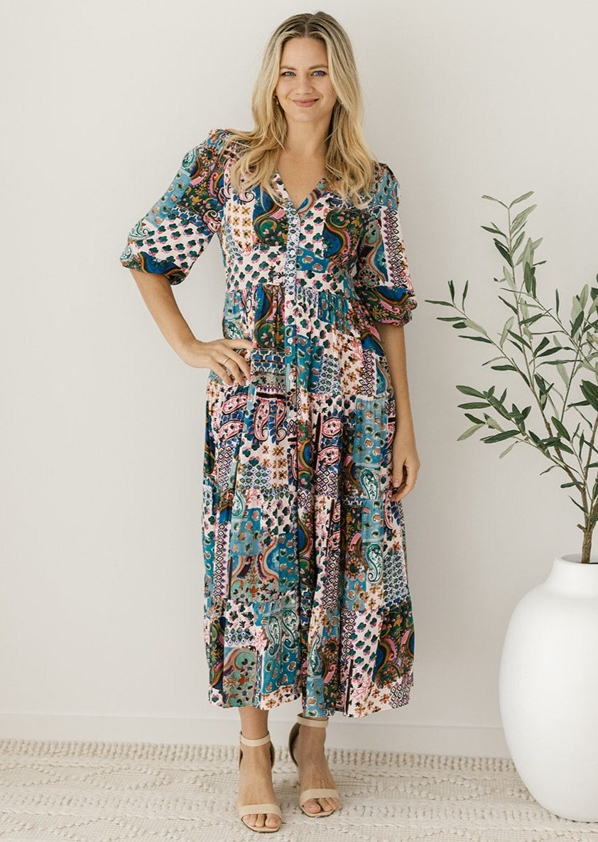 bump-friendly patchwork-print midi dress with 3/4 sleeves