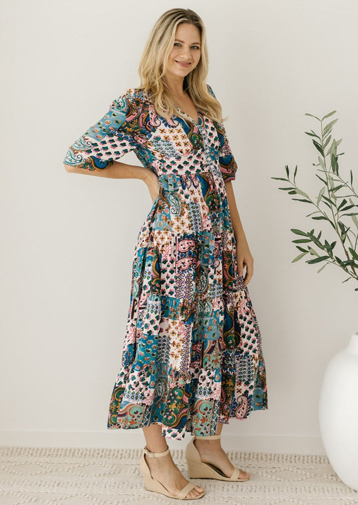 patchwork-print button-down midi dress 