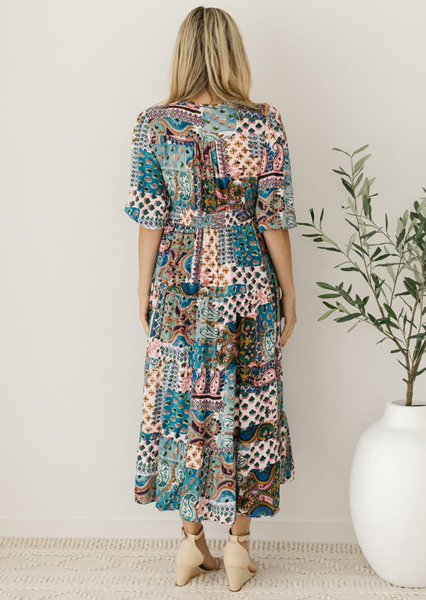 breast-feeding friendly patchwork-print midi dress