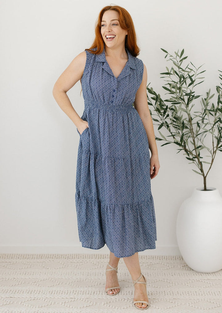 womens navy and white midi dress