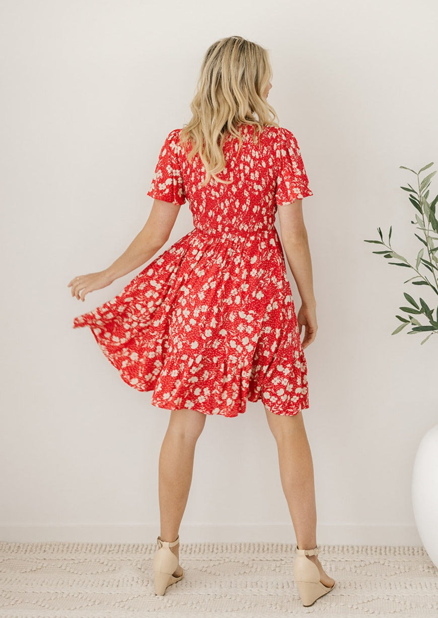 red and white floral summer dress with sleeves