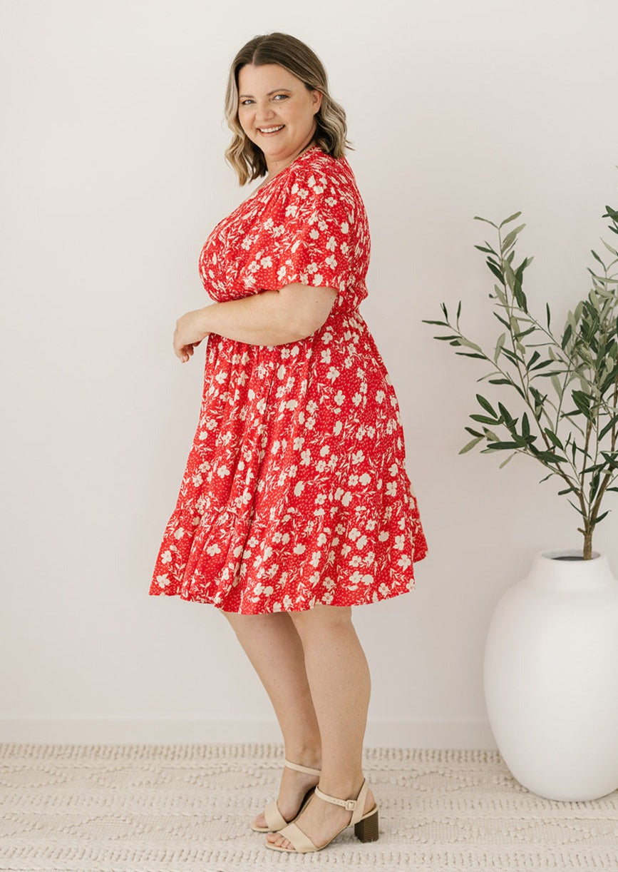 red floral bump-friendly knee-length summer dress