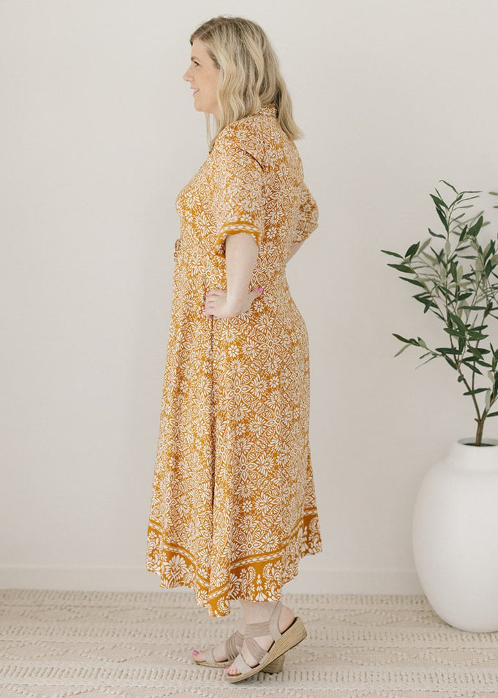 ladies mustard and white floral print midi dress