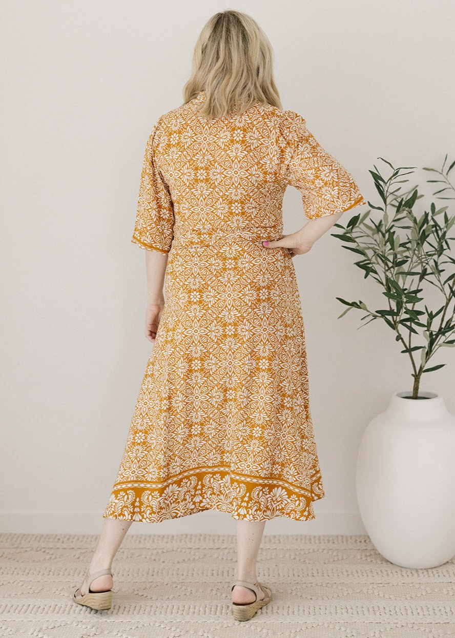 ladies floral print midi dress with pockets