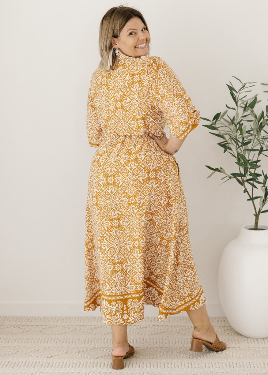 ladies floral print midi dress with drawstring waist