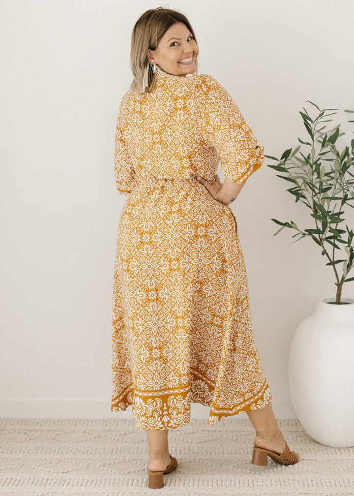 ladies floral print midi dress with drawstring waist