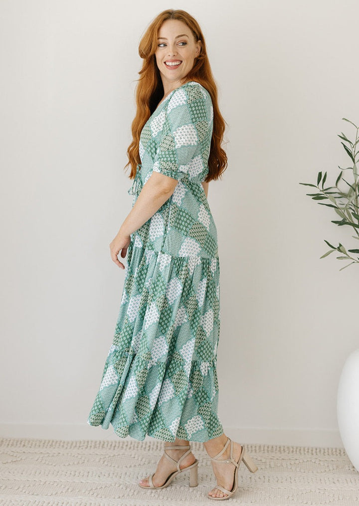 bump-friendly patchwork print maxi dress with sleeves