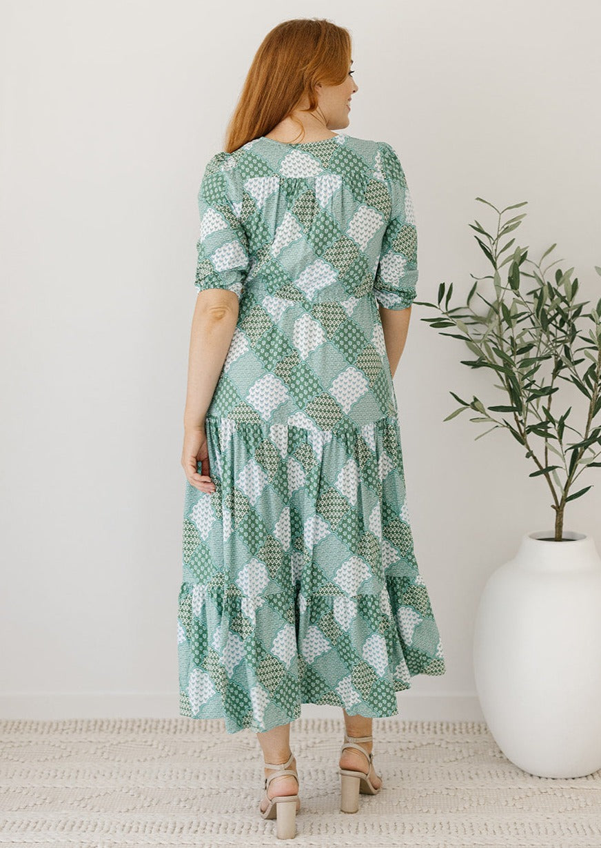 green patchwork print drawstring-waist maxi dress with pockets