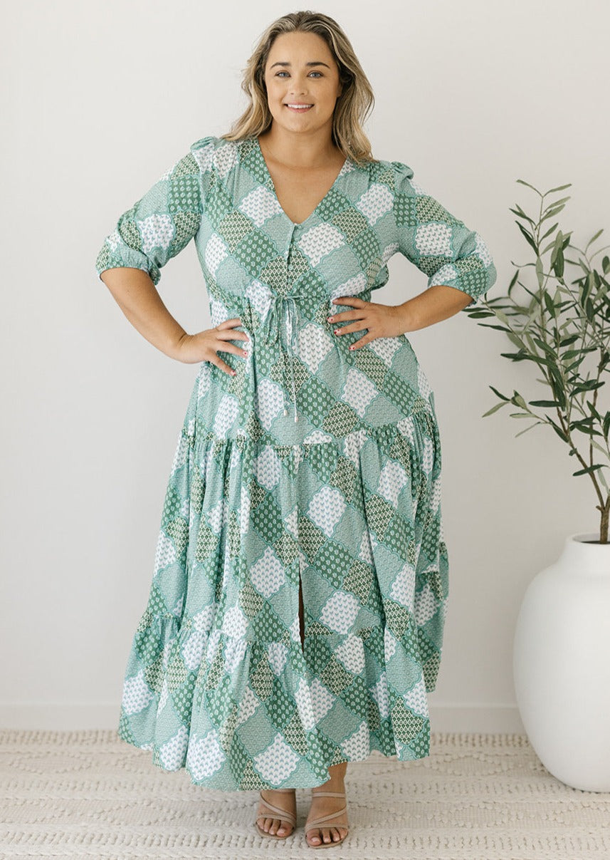 women's green patchwork print maxi dress with sleeves