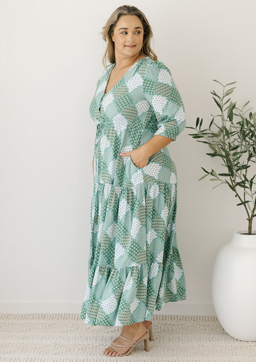 bump-friendly green patchwork print maxi dress with pockets