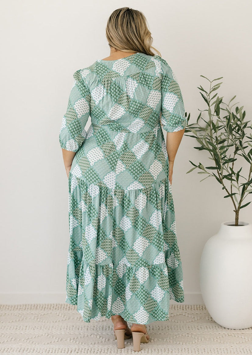 women's bump-friendly patchwork print maxi dress with pockets