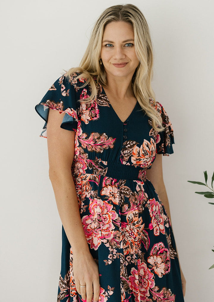 bump-friendly navy floral midi dress with buttons