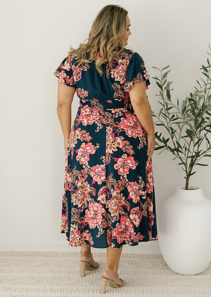 navy and pink floral bump-friendly midi dress