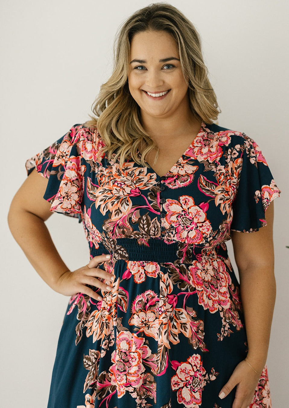pink and navy floral breast-feeding friendly midi dress