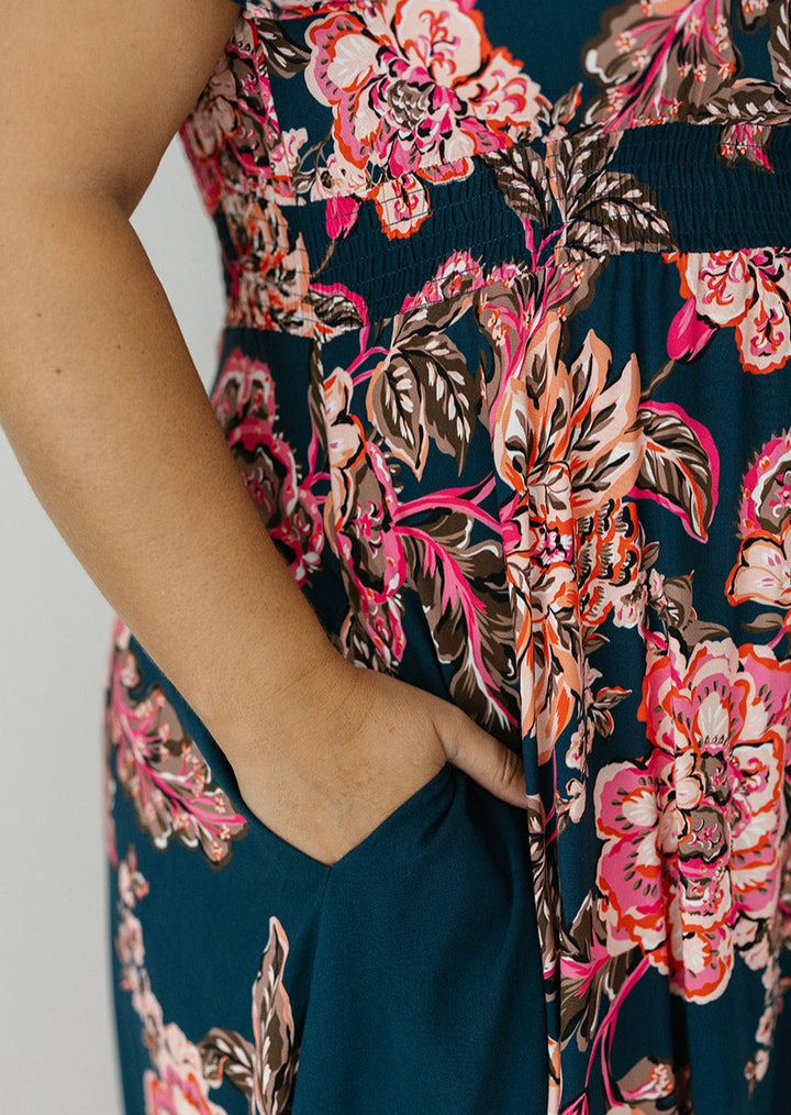 floral midi dress with pockets and elastic waist