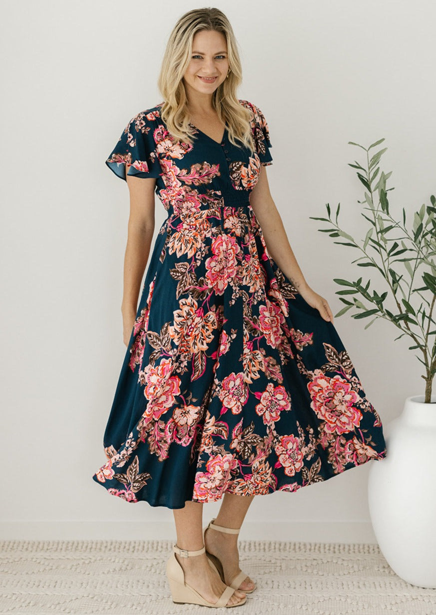 navy and pink floral elastic-waisted midi dress
