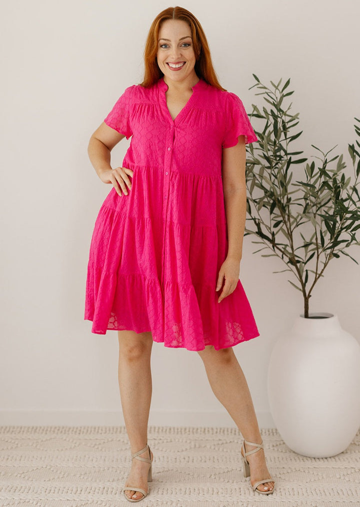 hot pink button-down knee-length dress