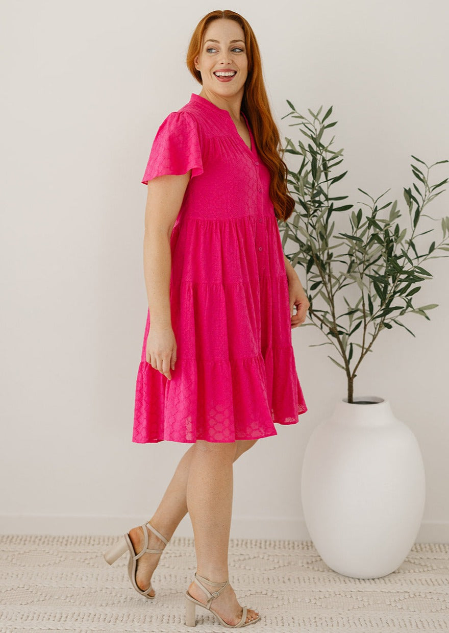 pink summer knee-length button-down dress