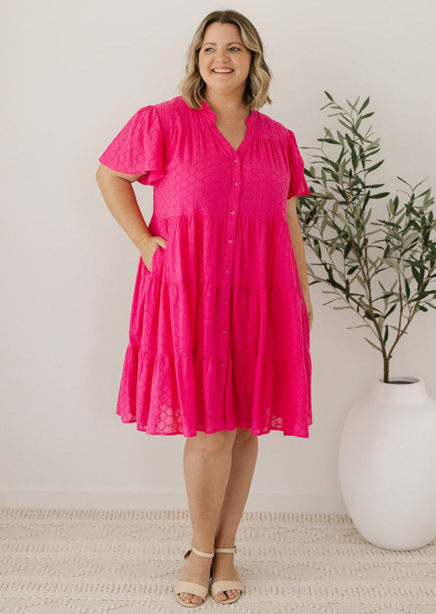 hot pink knee-length anglaise summer dress