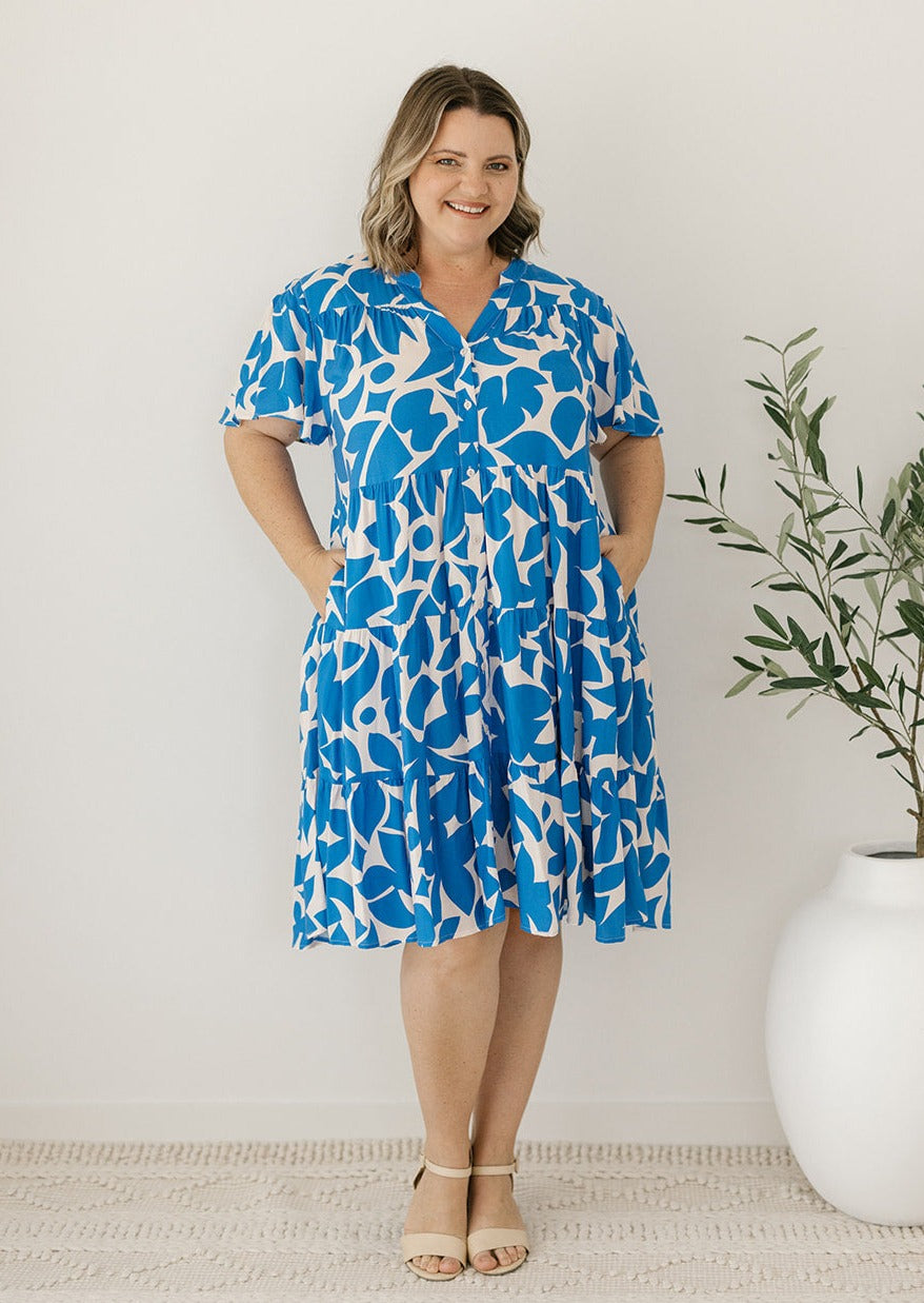 blue and white floral button-down summer dress