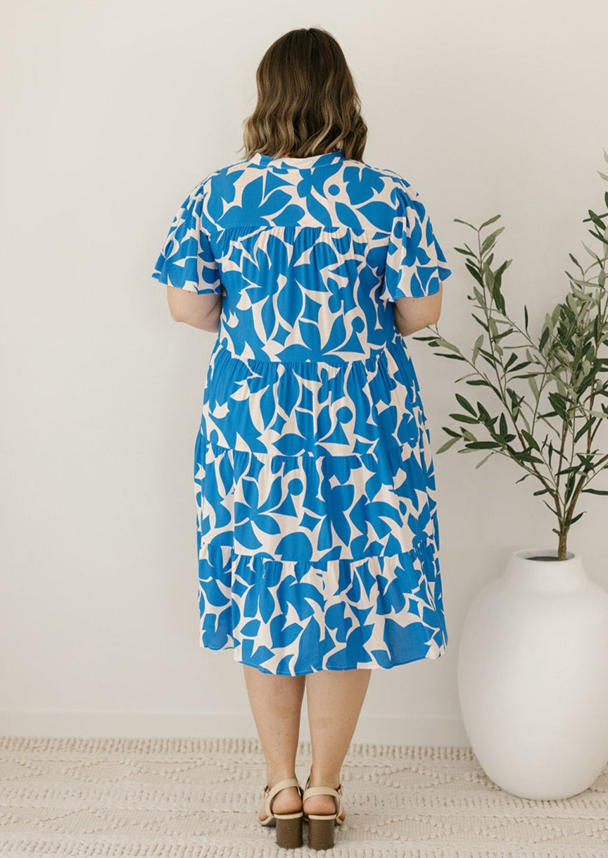 blue floral button-down post-partum friendly knee-length dress