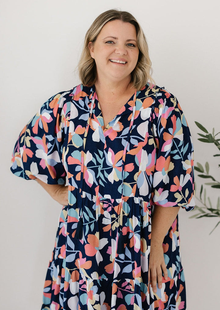 Peach and Navy Knee-Length Dress