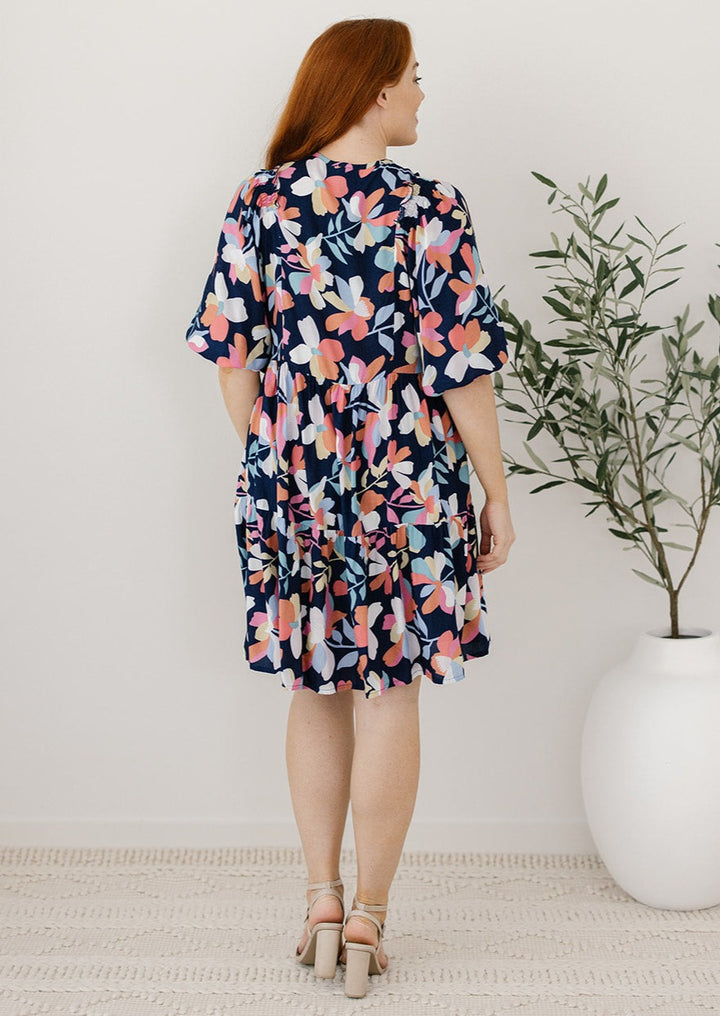 Floral Navy Knee-Length Dress for Women over 40