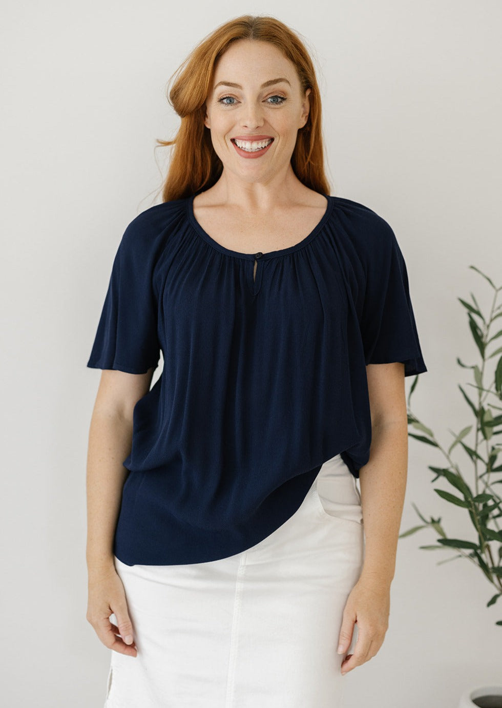 flowy navy blouse with sleeves for women