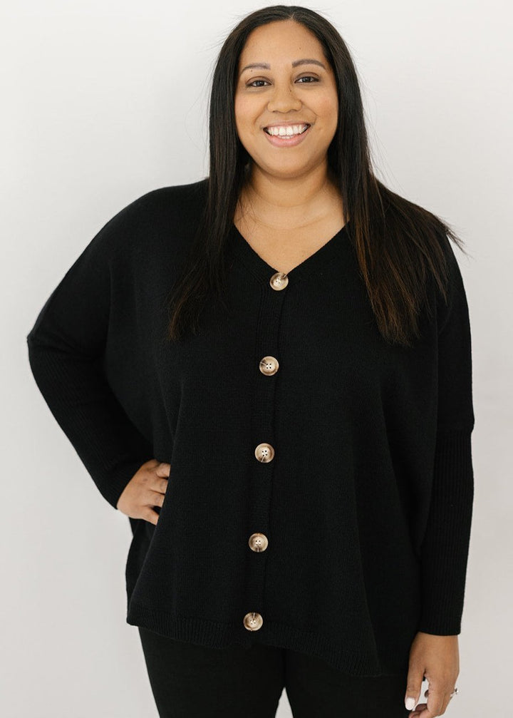 ladies black oversized button-down knit